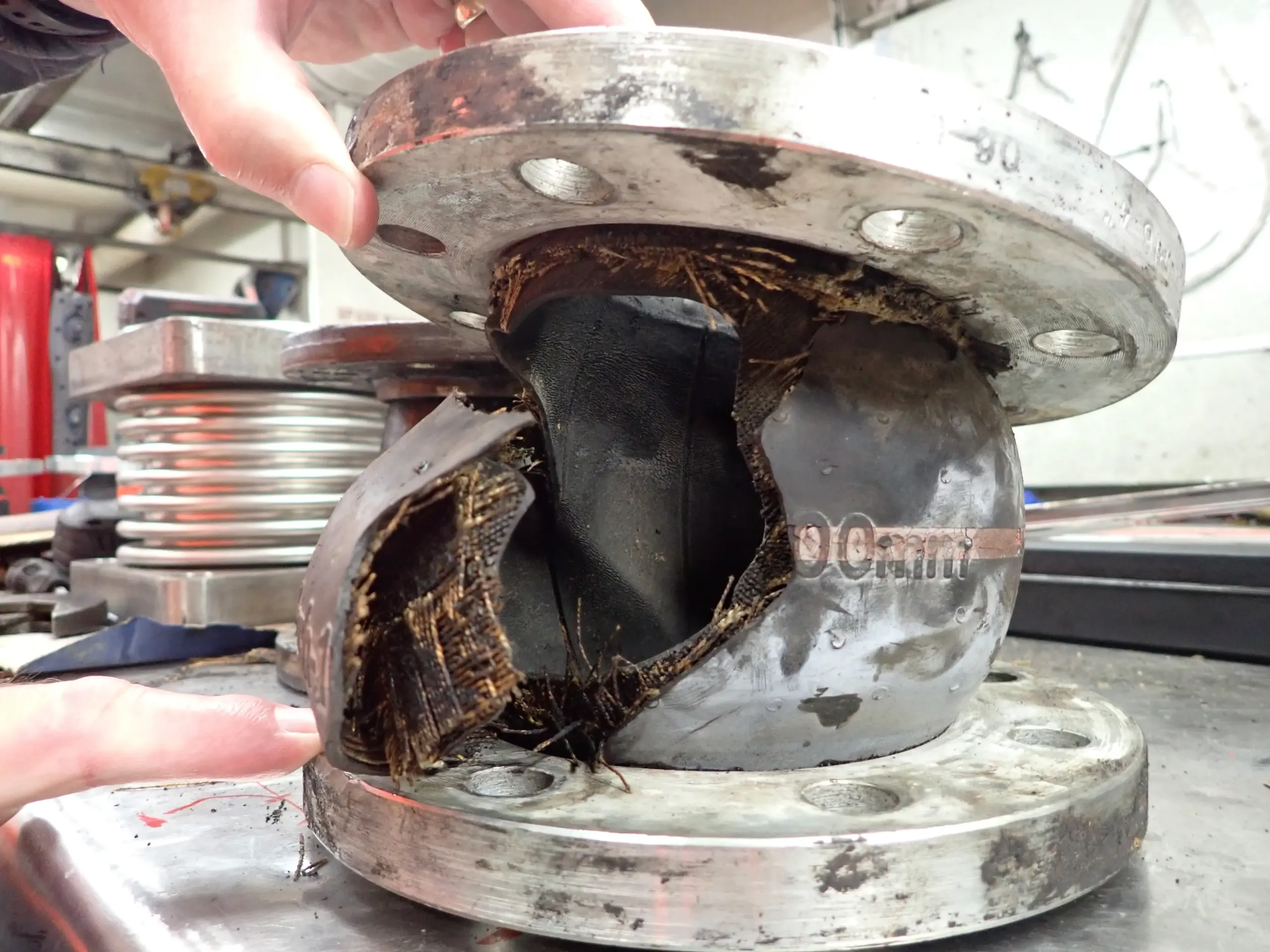 Ruptured rubber expansion joints found during inspection